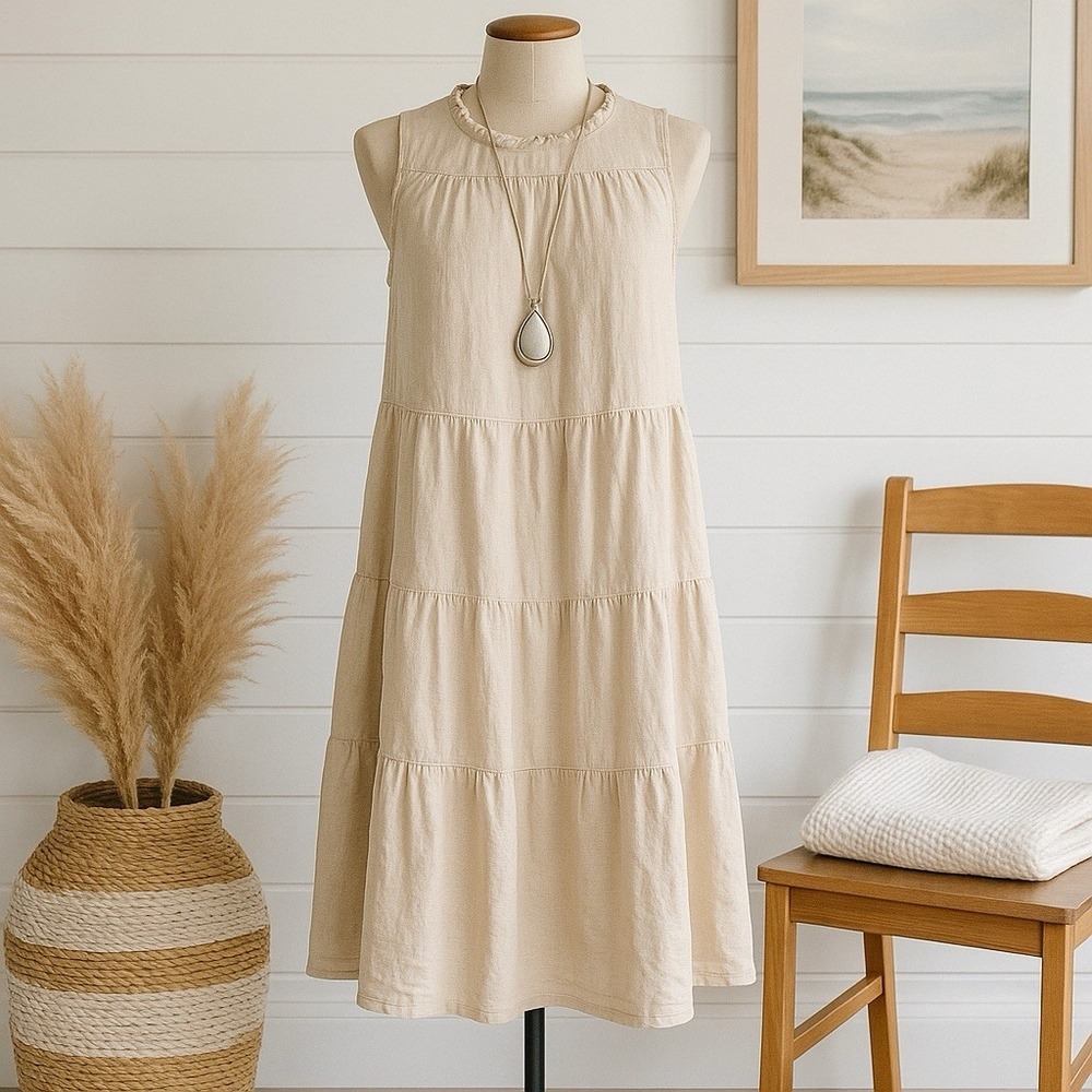 Linen Blend Tiered Midi Dress Beige Sleeveless Ruffle Neck‎ L Falls Creek Twee